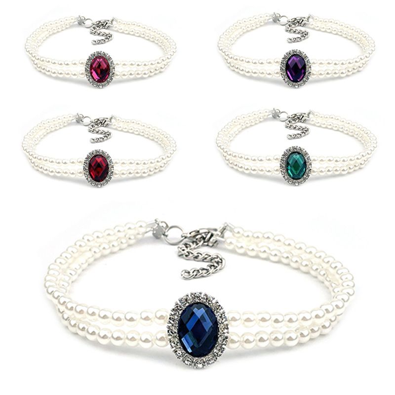 Collare per cani e gatti con doppia fila di perle verticali e strass, regolabile, accessori carini_voghion.com
