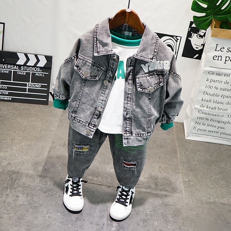 Kid's Clothing 2024 Spring and Autumn New Denim Clothes Two piece Letter Sweater Jeans_voghion.com