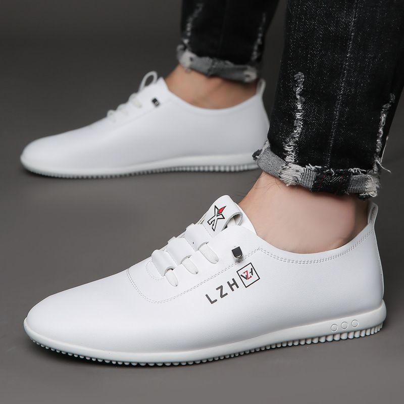 Geeignet für alle Jahreszeiten Frühling Sommer Leder Weiche Sohle Herren Business Casual Slip-On Leichte Halbschuhe Weiße Schuhe_voghion.com