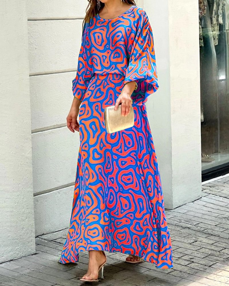 Feminino solto estampado manga longa top cintura alta tamanho grande saia longa terno_voghion.com