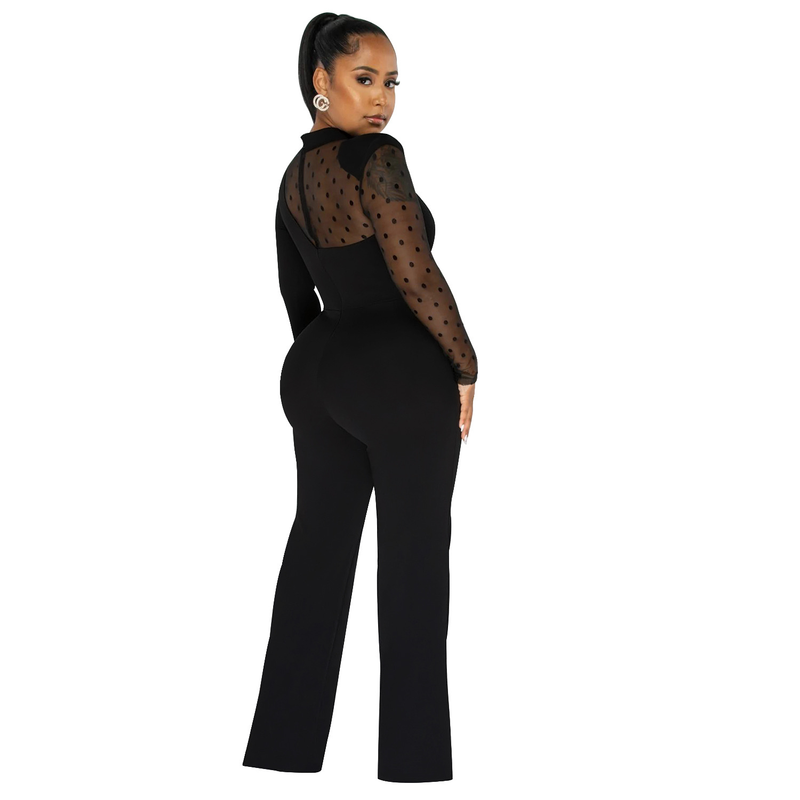 Women's Clothing fashion women's polka dot mesh see-through long-sleeved trousers solid color jumpsuit_voghion.com