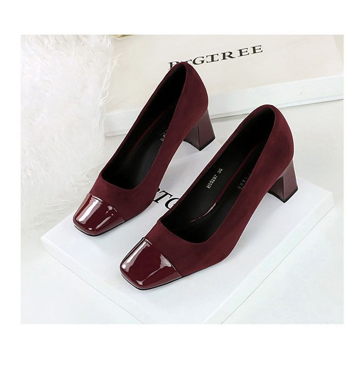 Vintage women's shoes suede shallow mouth splicing color square head chunky medium heel fashion leopard print single shoes_voghion.com