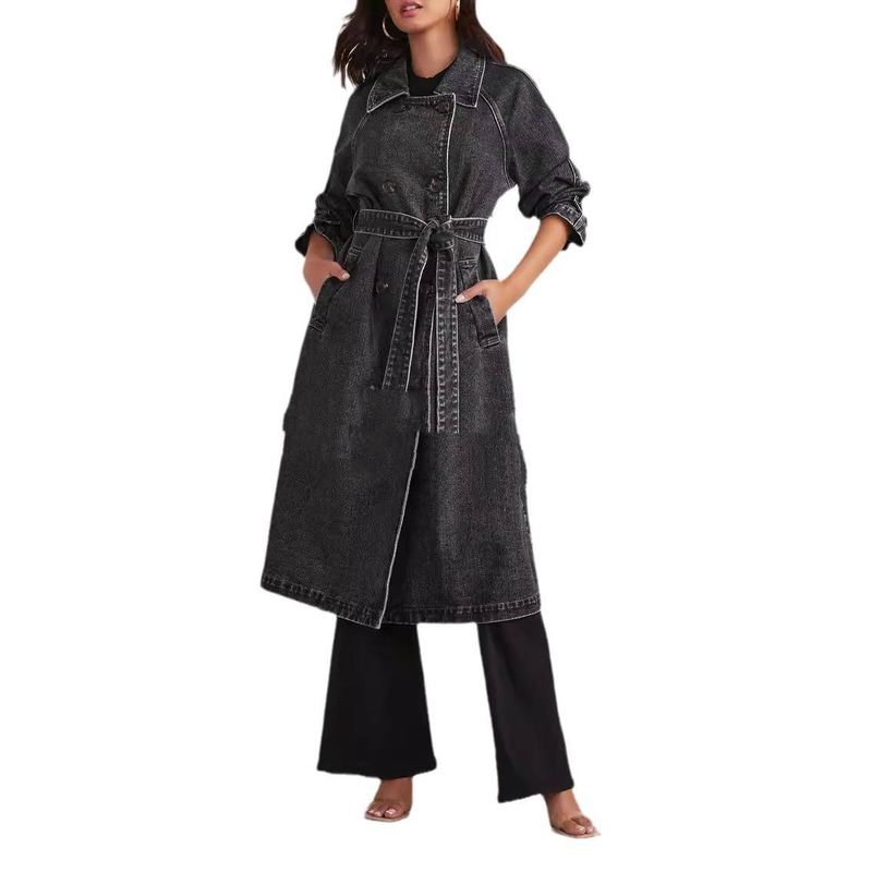 Dammekleeder Windjacke aus Denim, Kotteng, eenfaarweg, duebeltaschen, laange Knäppercher, lockere Mantel_voghion.com