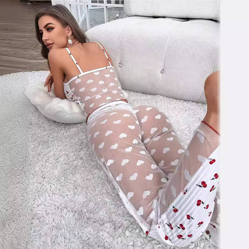 Women's Sleepwears New Sexy Mesh Stitching Printed Pajamas Two Piece Set Ladies Home Clothes Pajamas_voghion.com