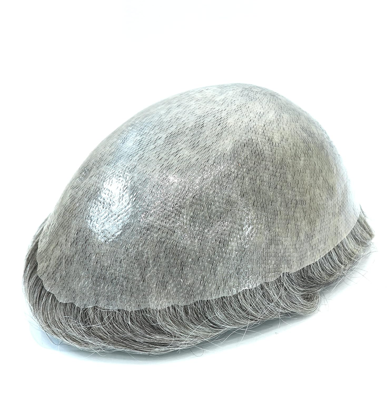 Durable Skin Knotted Toupee For Men Human Hair Replacement System 0.12-0.14mm PU Base Hair Pieces Natural Hairline Wig Black With 65% Grey Color #1B65_voghion.com