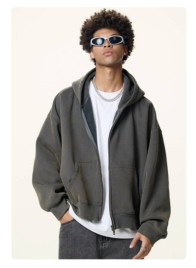 NOKO-Uomo | Completo composto da giacca con cerniera, pantaloni della tuta a gamba larga, in pile stile American Boxy, lavaggio intenso, colore scuro._voghion.com