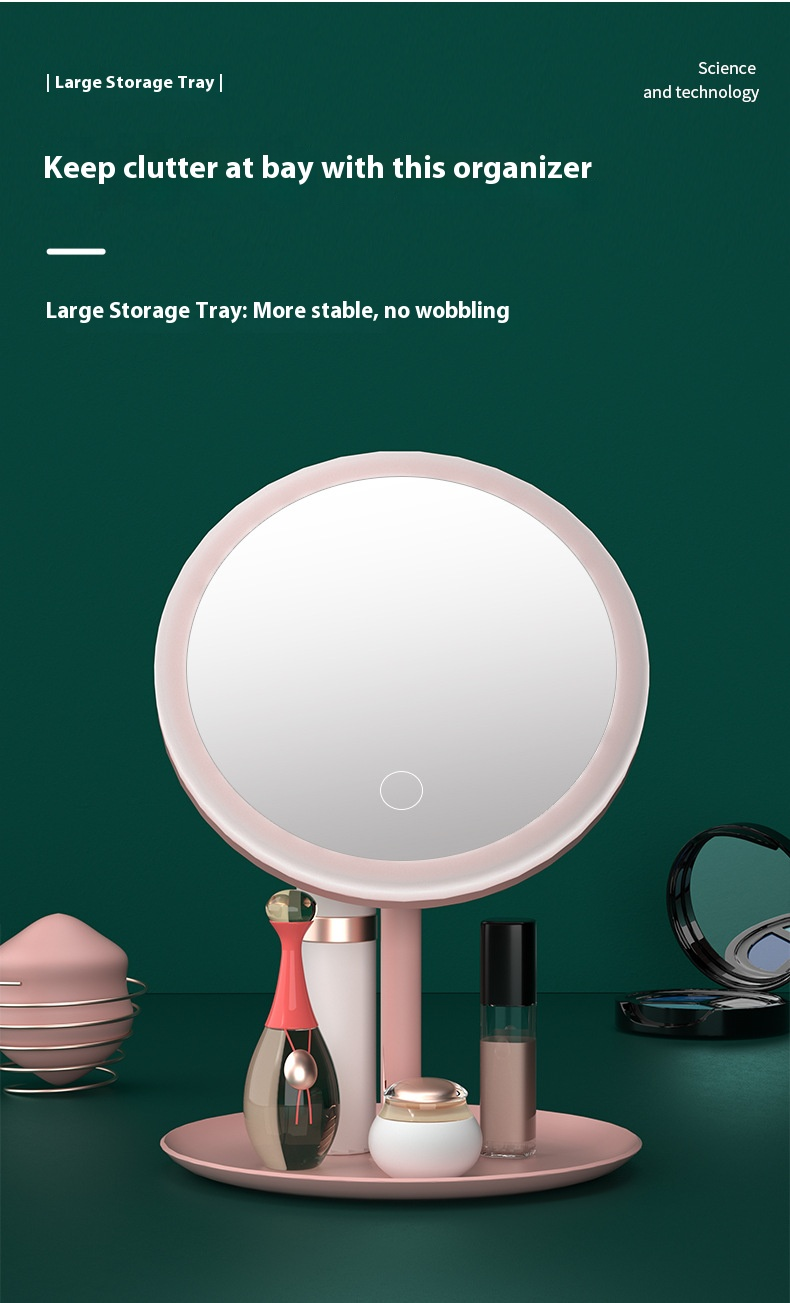 Espejo de tocador LED plegable: iluminación de 3 colores, recargable por USB, brillo ajustable para maquillaje, dormitorio y viajes._voghion.com