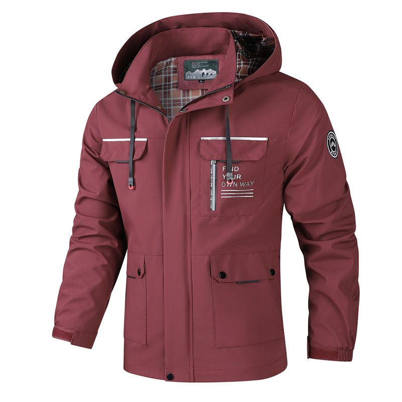 Men's Multi-Pocket Detachable Hood Jacket – Lightweight Polyester Workwear Coat With Utility Design For Spring & Autumn Outdoor Travel_voghion.com