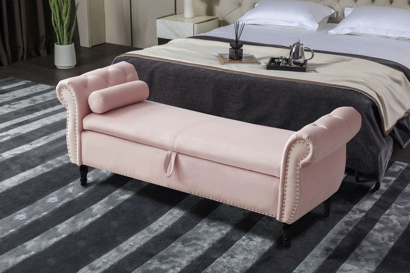 Aijia 63" Velvet Multifunctional Storage Rectangular Sofa Stool Buttons Tufted Nailhead Trimmed Solid Wood Legs With 1 Pillow,Pink_voghion.com