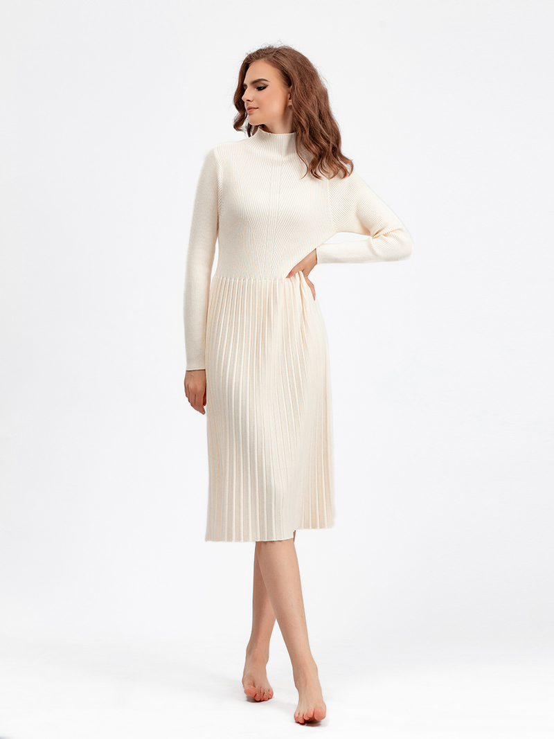 Einfarbiges, halbhohes, verdicktes, knielanges Midi-Taillenkleid für Damen_voghion.com