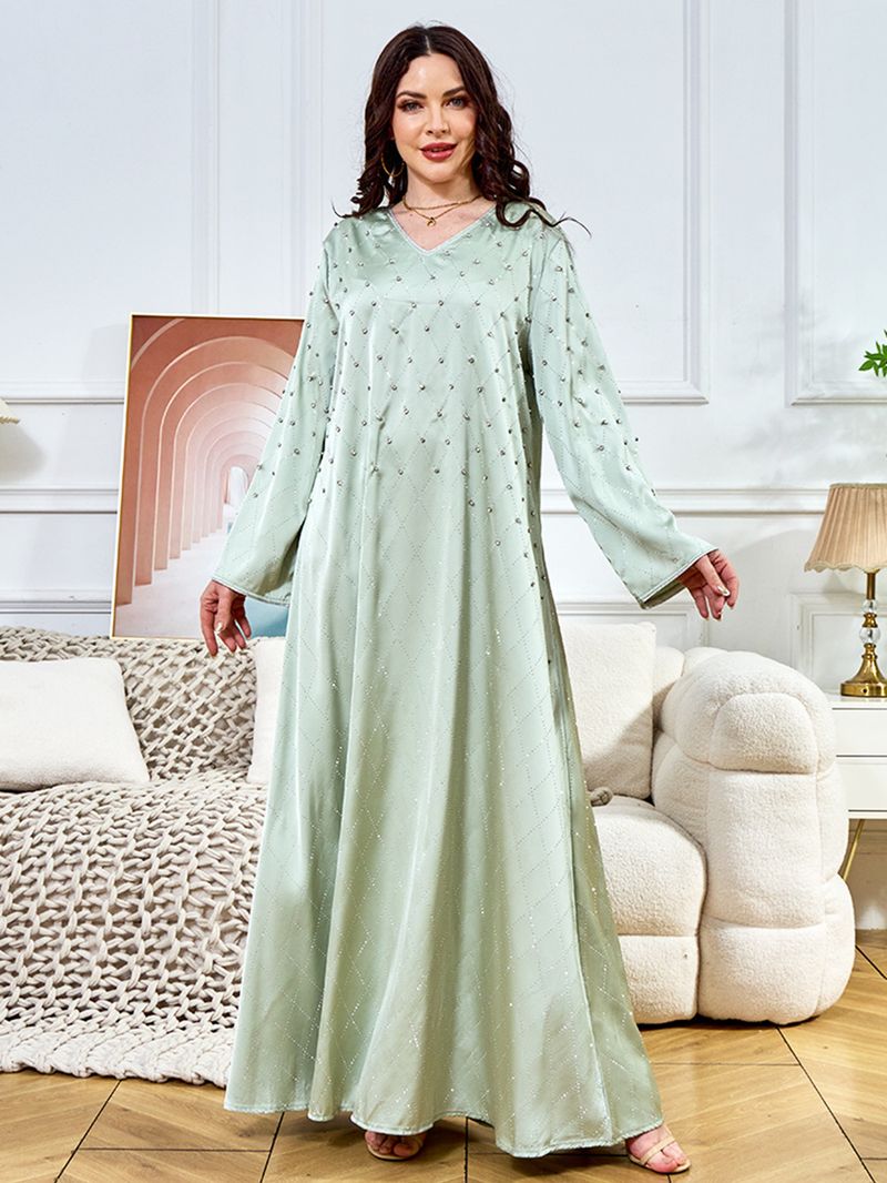 Muslimisches Partykleid für Damen – Langärmliges Retro-Abaya mit Diamant-Nagelverzierungen_voghion.com