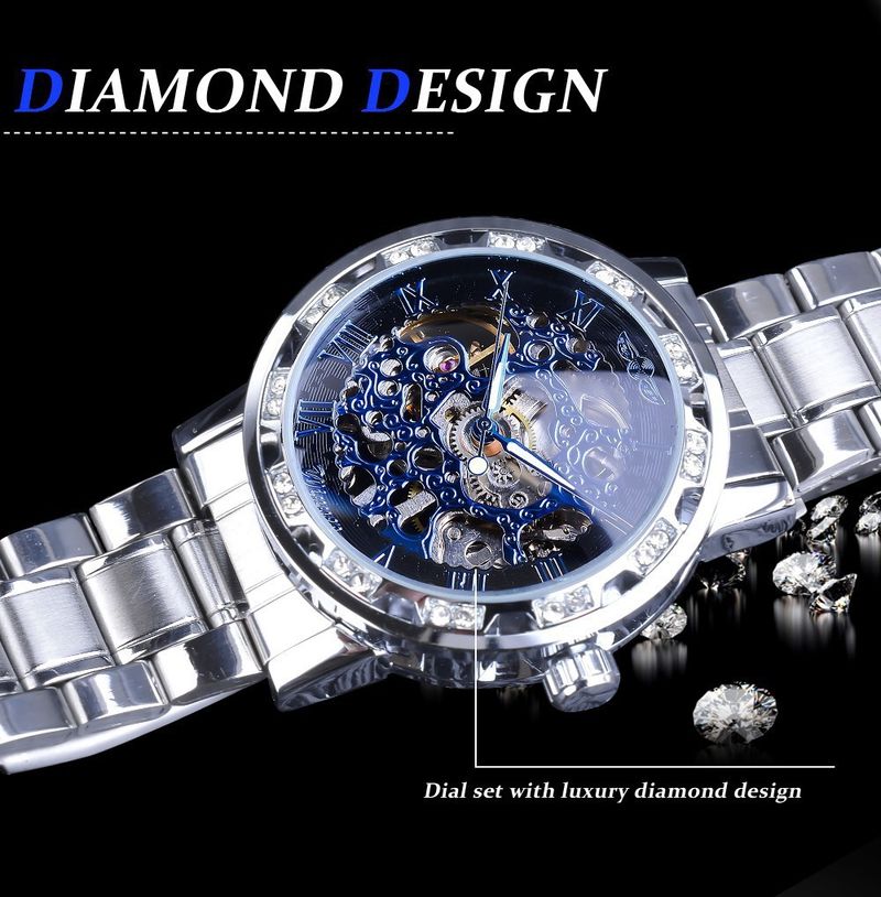 Orologio meccanico scheletrato da uomo alla moda con dettagli in diamanti - Cassa e cinturino in acciaio inossidabile - Resistente all'acqua - Stile casual da lavoro_voghion.com