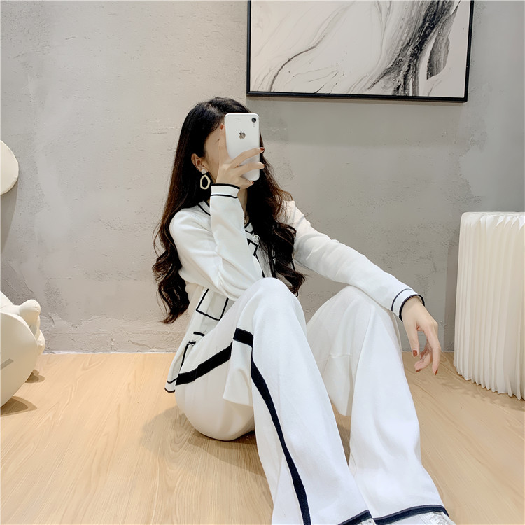 Women's fashion professional suit age-reducing temperament knit cardigan style wide leg pants two-piece set_voghion.com