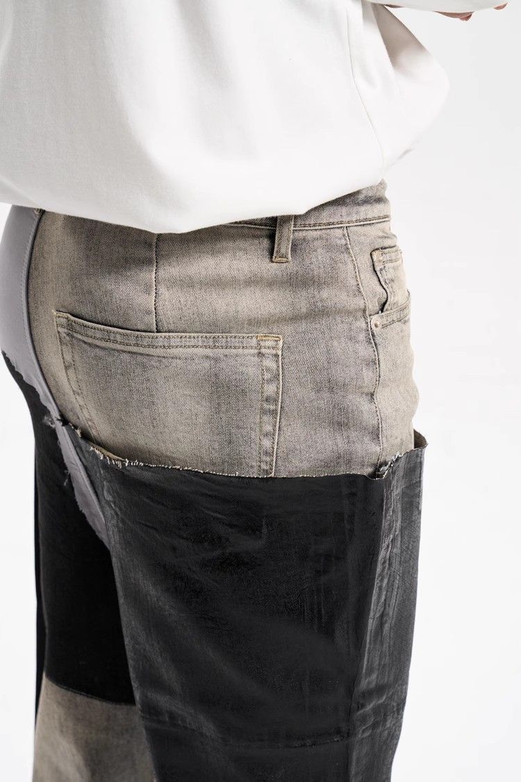 Jeans a zampa cerati allungati con gamba larga e stile trendy casual con cuciture a contrasto di colore e rivestimento di alta qualità da uomo_voghion.com
