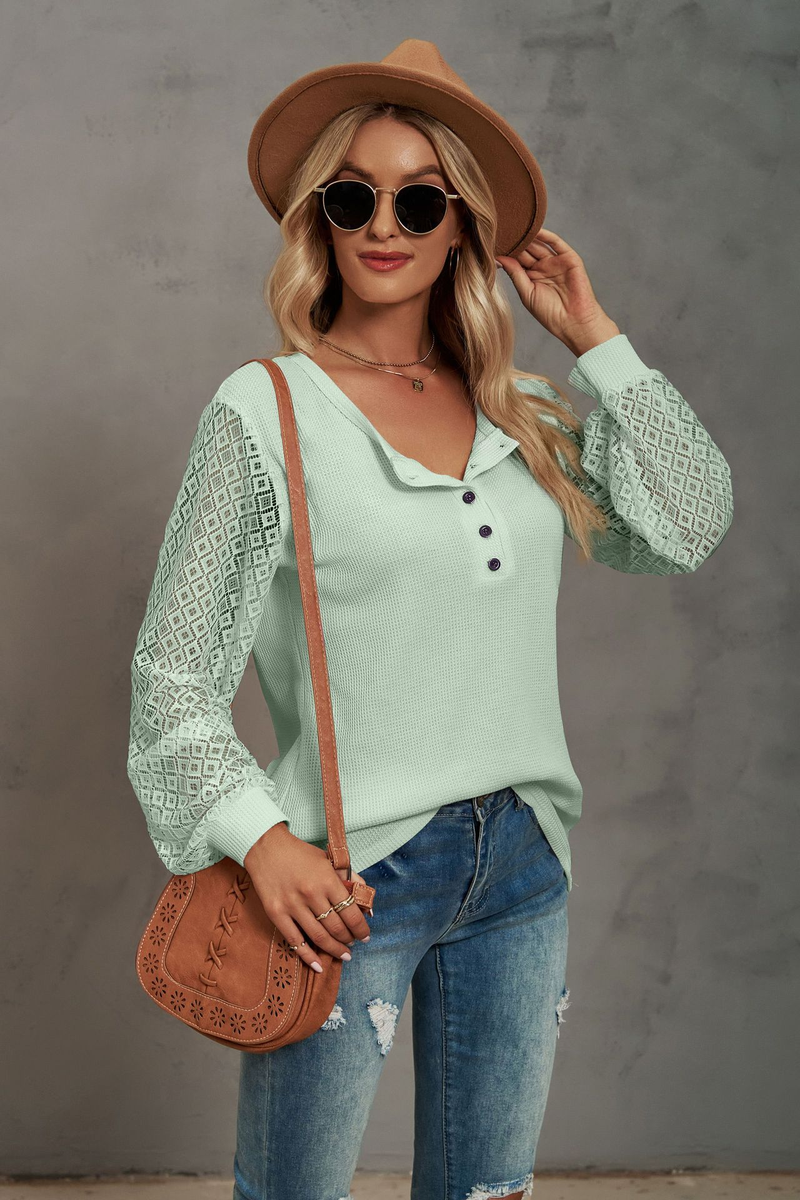 Women's Clothing Casual Waffle Grace Panel Long Sleeve Button T-shirt Top_voghion.com