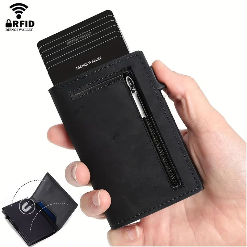 New Crazy Horse Leather Men's Wallet Automatic Pop Up Credit Card Box Ultra Thin RFID Anti Theft Card Holder Metal Card Holder_voghion.com