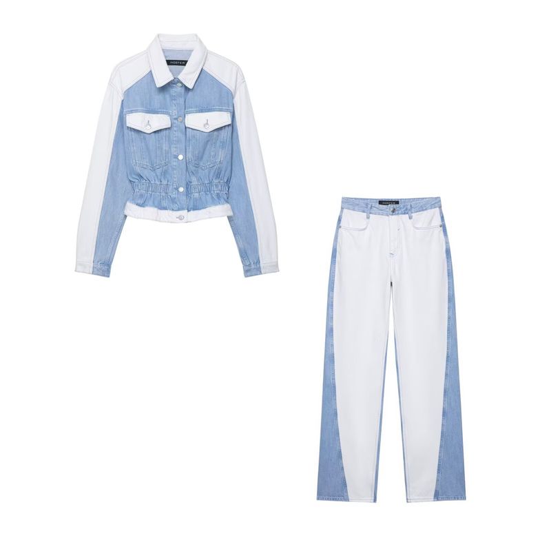 Vintage Patchwork Denim Jacket & Mid-Waist Straight Jeans Set – Retro Two-Piece Outfit_voghion.com
