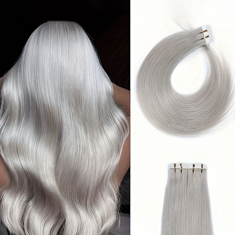 Tape-in Hair Extensions Remy Ægte Hår Sølvgrå Glat Sømløs Usynlig Skin Weft Langtidsholdbar Klæbemiddel 14-24_voghion.com