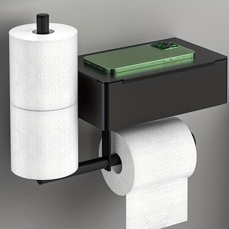 Wandmontierter Toilettenpapierhalter aus Edelstahl mit Wischtuchspender und Ablage, modernes schwarzes Badezimmer-Tissue-Aufbewahrungsregal mit Behälter für spülbare Wischtücher_voghion.com