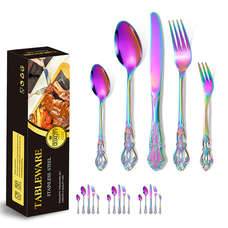 Royal Edelstahl-Set aus Messer, Gabel und Löffel, grenzüberschreitendes 20-teiliges Set für 4 Personen, Retro-Steakmesser mit Hohlrelief, europäischer Stil_voghion.com