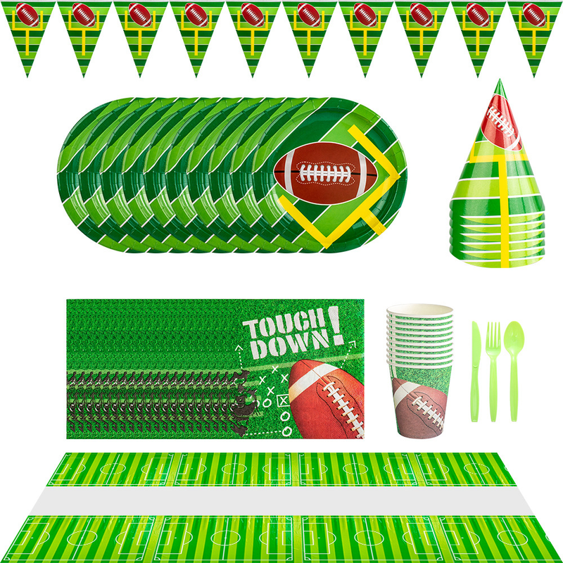 Rugby themed birthday party venue decoration props, disposable paper cups, plates, tableware sets, supplies_voghion.com