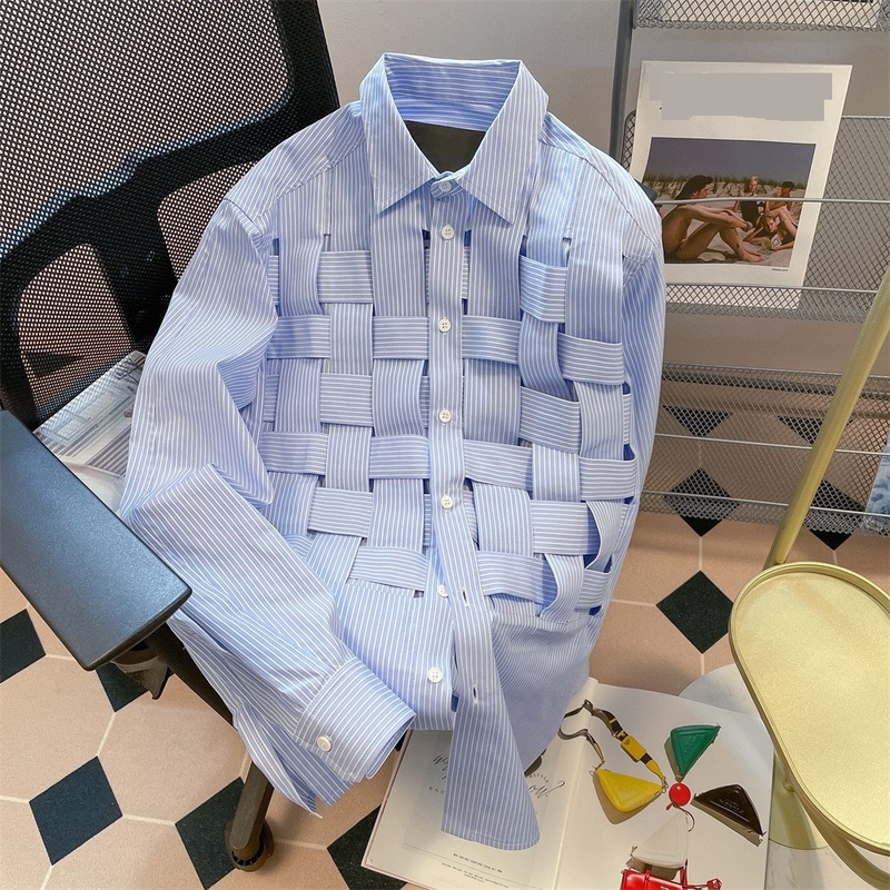 Men's Clothing Niche Chic Woven Plaid Striped Shirt Long Sleeved Top Jacket_voghion.com
