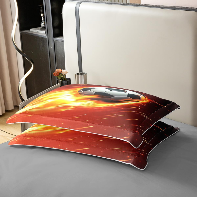 Fußball-Bettwäsche-Set, Doppelbett, Fußball-Bettwäsche für Kinder, Jungen und Männer, Feuer, leuchtendes Tor, rot, gelb, Bettdecke, Fußballbezug, weicher, bequemer Bettbezug_voghion.com