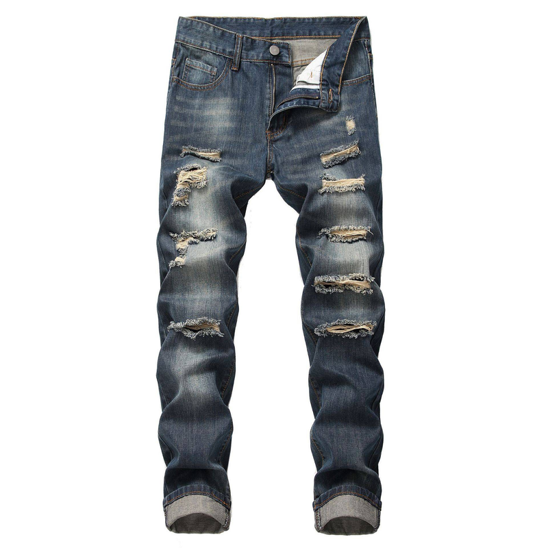 Jeans strappati da uomo, gamba dritta, vestibilità slim, pantaloni in denim non elasticizzati strappati da uomo LY010_voghion.com