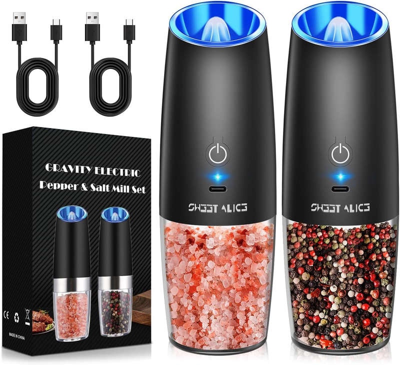 Electric Pepper/Salt Grinder Set, Manual Free, One-Hand Automatic Grinding Pepper/Salt, Battery/Rechargeable, With G-switch And LED Light_voghion.com