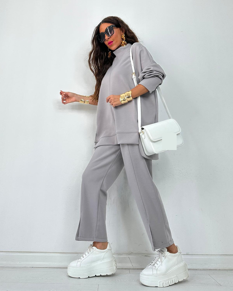Dameskleding Herfst Winter Casual Loungeset Lange Mouwen Hoge Split Broek Tweedelige Outfit - Effen Kleur Comfortabel Joggingpak Voor Werk & Vrije Tijd_voghion.com