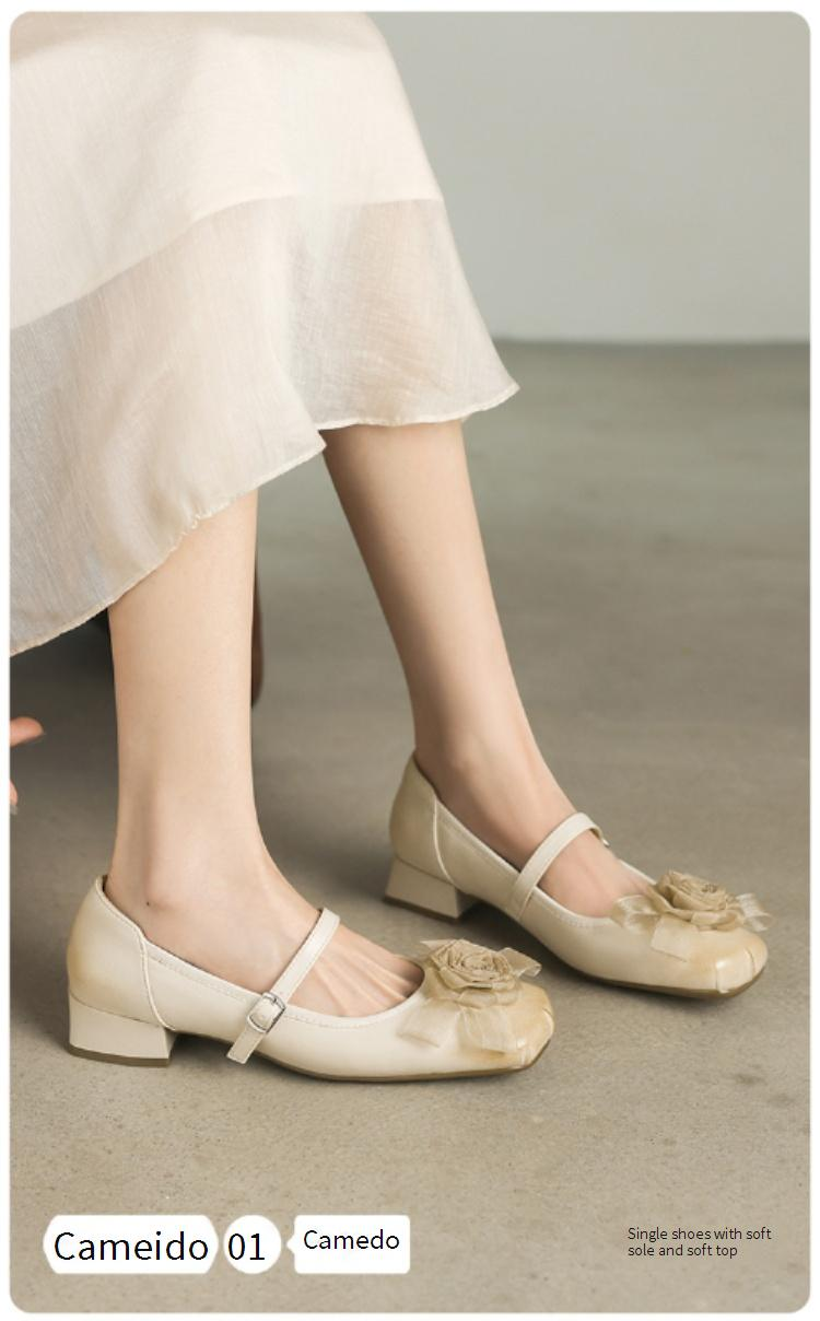 【Soft Sole And Soft Upper】 Cameido Flower Ballet-style Single Shoes For Women, Vintage Thick Heel Mary Jane Shoes With Ankle Strap, 2025 Autumn_voghion.com