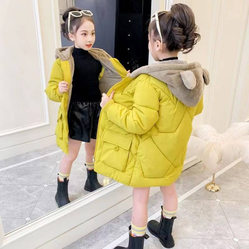 Wintermantel für Mädchen mit Bärenohren-Kapuze – Dick gefütterte Jacke, langer Parka mit Reißverschluss (ab 8 Jahren, ab 140 cm)_voghion.com
