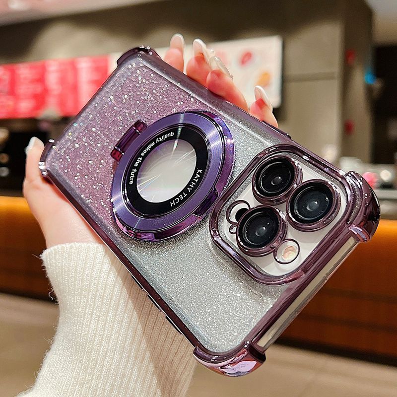Custodia magnetica Magsafe con glitter sfumato per iPhone 15 14 13 12 11 Pro Max Plus con placcatura per ricarica wireless e supporto per telefono_voghion.com