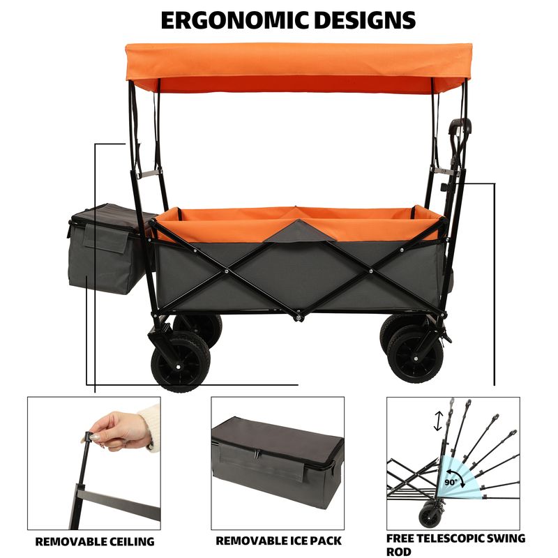 480Lbs Collapsible Wagon With Canopy,Wagon Stroller With 7" All-Terrain Wheels, Lightweight Foldable Wagon, Large Capacity For Camping, Shopping, Sports, And Garden Use,orange With Mosquito Net_voghion.com