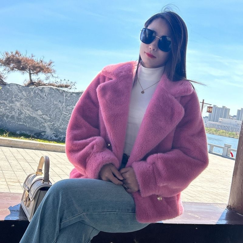 Women's Clothing Luxury Faux Mink Fur Coat - Women's Winter Short Jacket With Notched Collar, Plush Fleece Lining, Elegant & Warm Outerwear_voghion.com