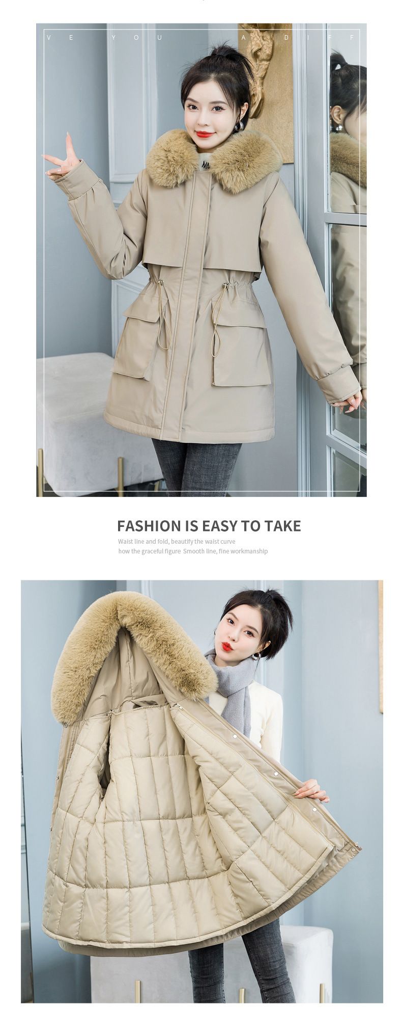 Damenbekleidung Abnehmbarer Winterparka mit Kapuze und Kunstpelzbesatz, warme Steppjacke für kleine bis große Größen, mittellange Puffer-Oberbekleidung_voghion.com