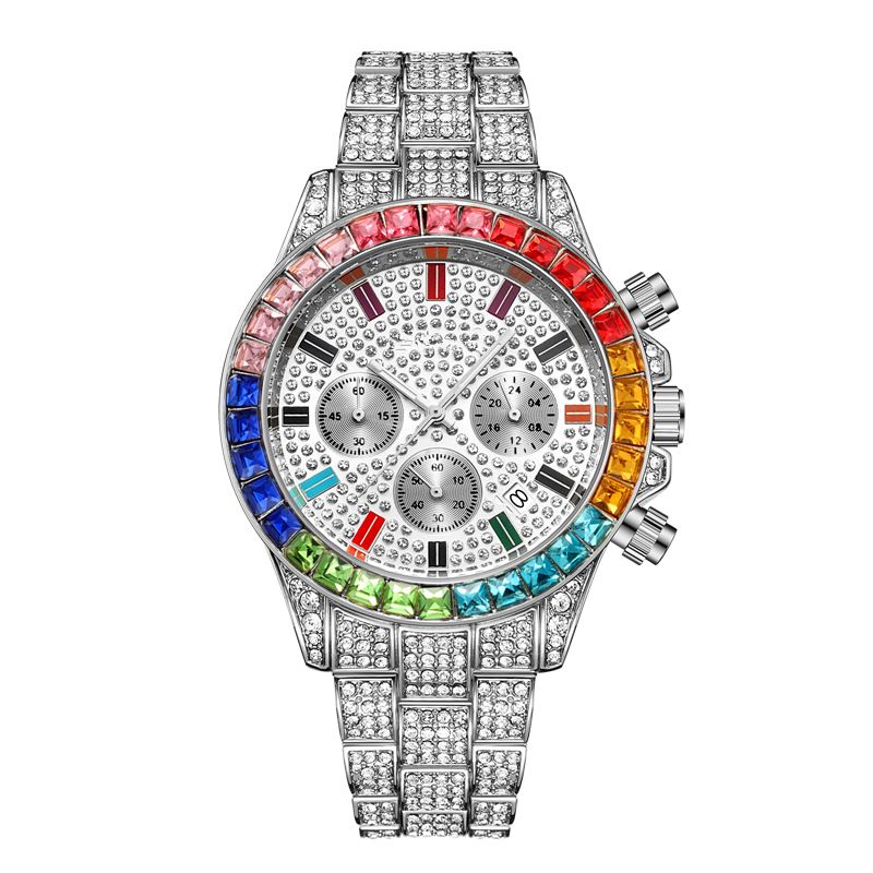Men's Luxury Rainbow Chronograph Watch With Diamond Bezel - Stainless Steel Case, Mineral Crystal, Water Resistant 30M, Quartz Movement_voghion.com