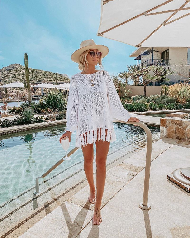 Women's Crochet Lace Fringe Beach Cover Up – Boho Chic Bikini Wrap, Lightweight Sun Protection Shirt, One Size Fits All_voghion.com