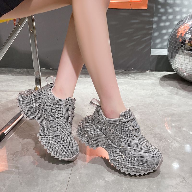 Modische Damen-Sneaker mit Strasssteinen – klobige Plateauschuhe für mehr Körpergröße, atmungsaktives Obermaterial aus PU, lässige und trendige Low-Top-Schnürschuhe_voghion.com