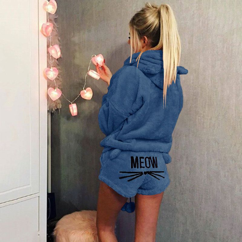 Damenbekleidung, Kleidung, Katze, bestickt, Pyjama, Kapuze, Freizeitanzug, zweiteiliges Set_voghion.com