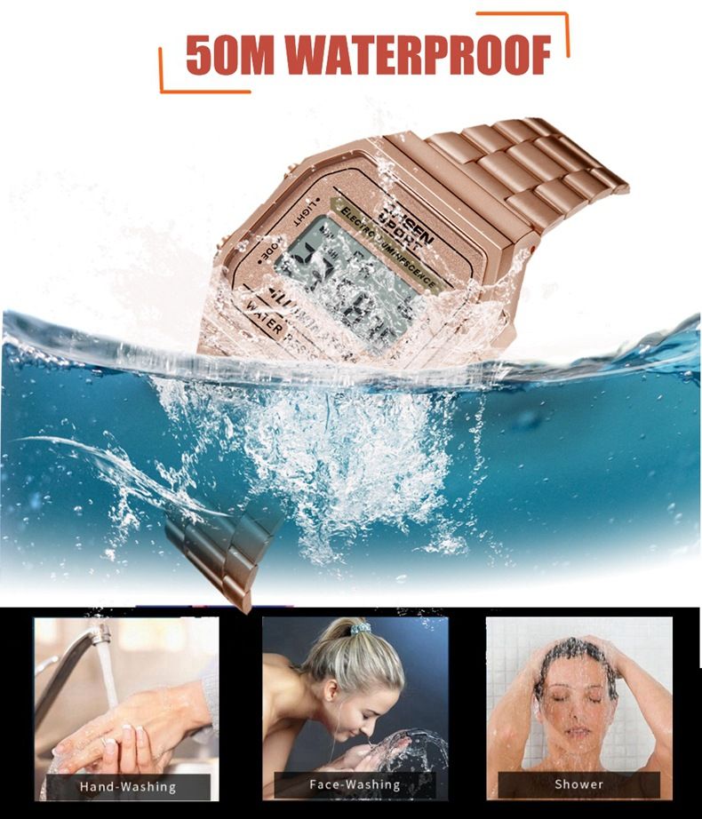 Women's Gold Stainless Steel Strap Electronic Alarm Clock Calendar Week Waterproof Watch_voghion.com