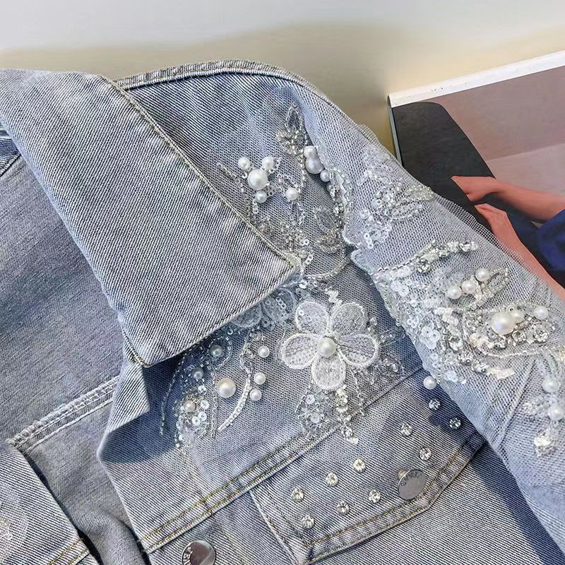 Giacca in denim decorativa tridimensionale da donna, giacca ampia primaverile e autunnale, giacca in denim pesante con perline_voghion.com