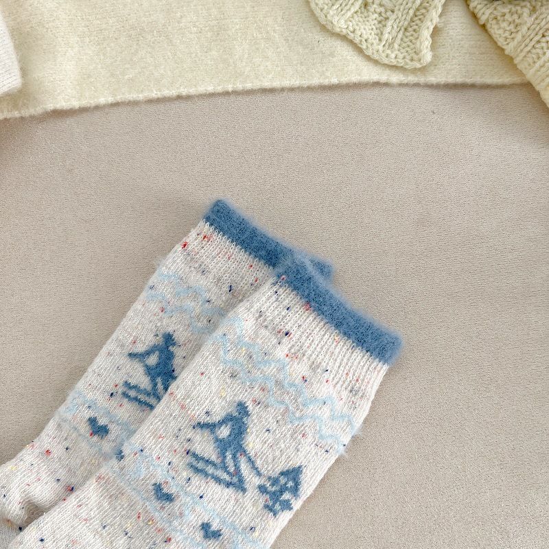 001 001 Vintage Fair Isle Puppy Wool For Women, Autumn And Winter Thickened Warm Gray Mid-Calf Socks, Cute Fuzzy Slouch Socks_voghion.com