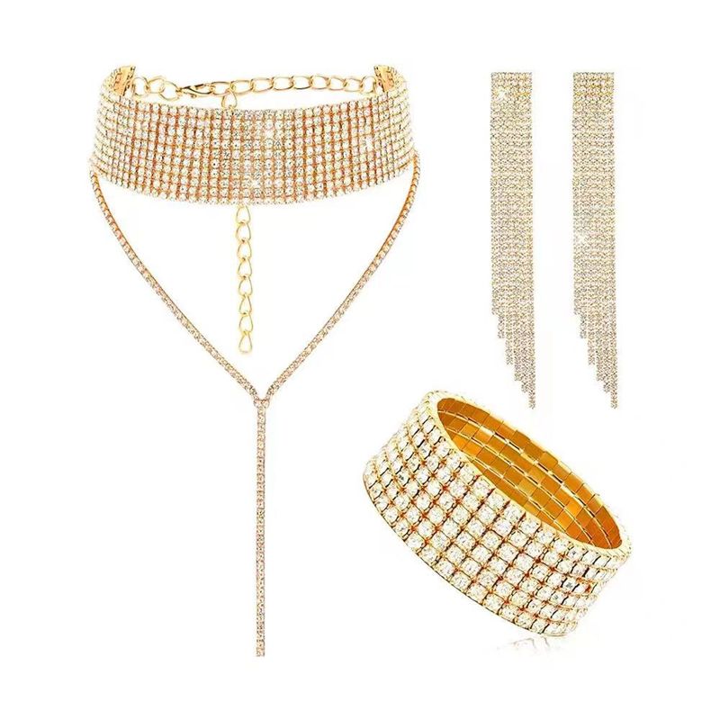 Set di gioielli da donna - Elegante collana con frange geometriche in strass, orecchini, bracciale, pochette, accessori da sera e da festa, 4 pezzi_voghion.com