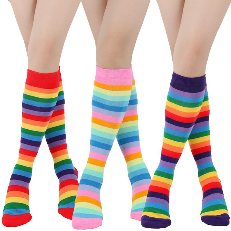 Unisex Kleurrijke gestreepte kniekousen Dames katoenen sokken Heren mid-tube sokken Vakantiefeest regenboog kuitsokken_voghion.com