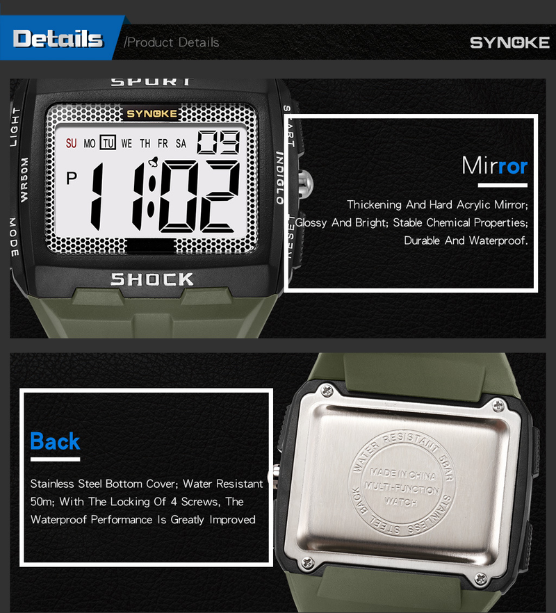 Large Screen Square Outdoor Sports Watch For Men - Waterproof, Shockproof, LED Backlight, Stopwatch, Alarm, Perfect For Running, Camping, Hiking_voghion.com