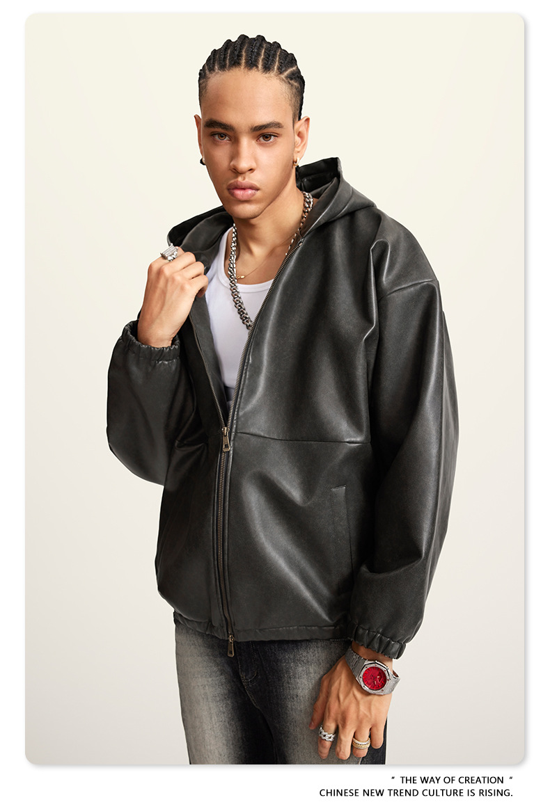 Męska kurtka skórzana w stylu retro o dużej sylwetce Kurtka typu Loose Tide_voghion.com