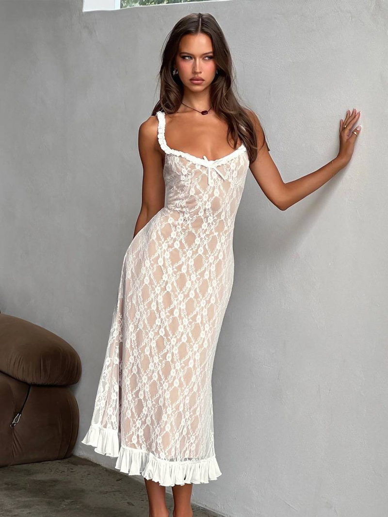 Foreign Trade New European And American Style Diamond Collar Double Lace Splicing Bow Decoration Sling Long Hip Fishtail Skirt_voghion.com