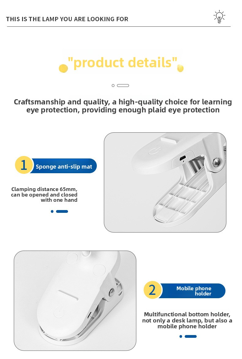 Luminária de mesa LED clip-on com brilho de 90+ CRI e grau AA, recarregável por USB, controle de toque e temperatura de cor ajustável – Luminária de estudo_voghion.com