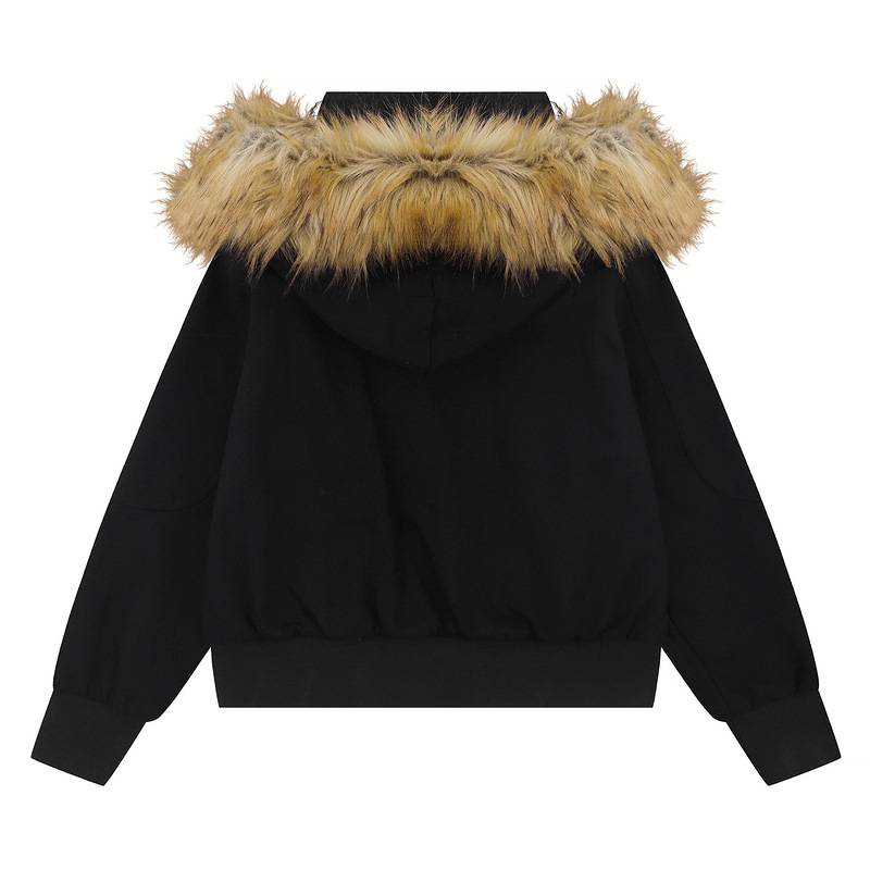 Kurtka typu streetwear unisex – odpinany kaptur z futra, krótka parka z zapięciem na zamek i kieszeniami bocznymi (czarna) – oversize’owy styl Cleanfit S-L_voghion.com
